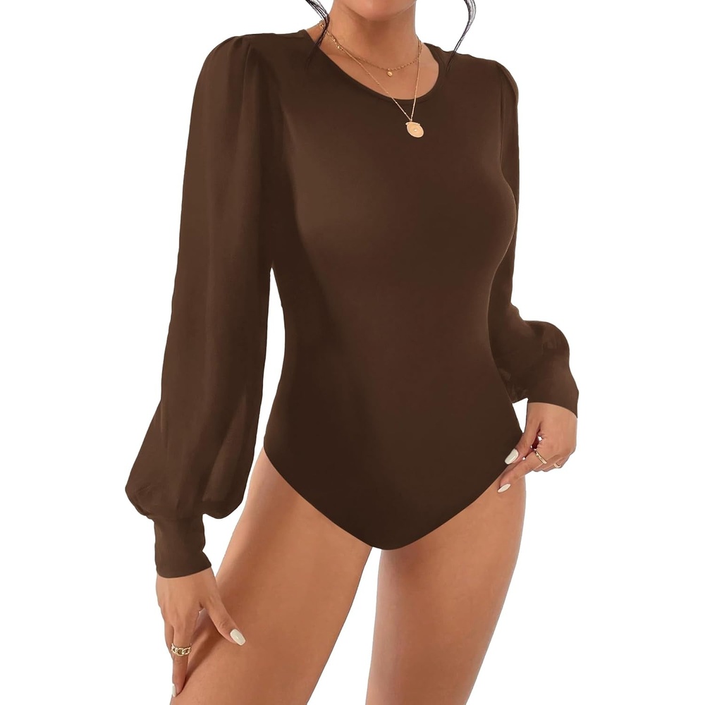 image:imageBTFBM Long Puff Sleeve Bodysuits for Women 2026  Crew Neck 2 Snap Crotch Thong ShapewearStretchy Knit High Cut LeotardsCasual Y2K Going Out TopsWinter LayerFall FashionBrown