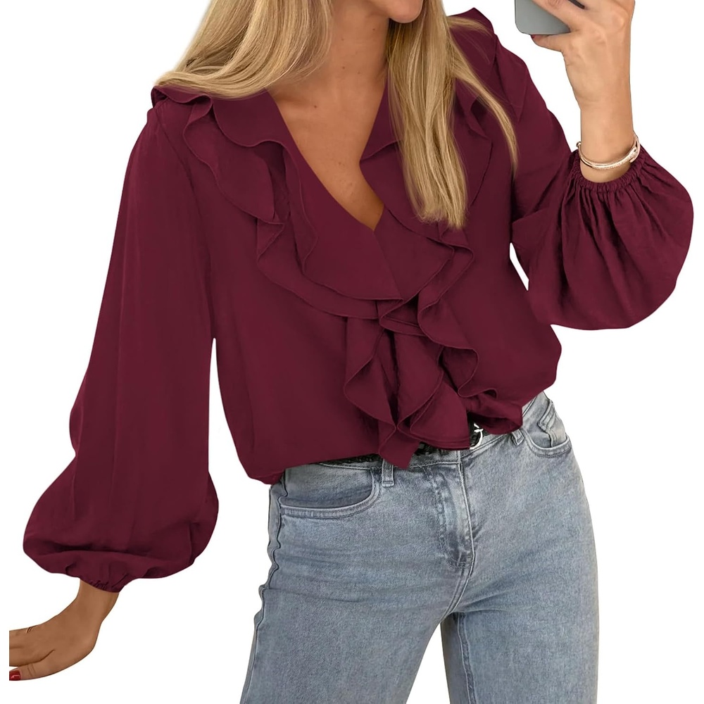 image:imageBTFBM Womens Fall Tops Ruffle Blouses Dressy Casual Double Ruffled Collar V Neck Long Sleeve Shirts Lightweight Fashion Clothing 2026 Trendy Daily Business Office Work ClothesBurgundy