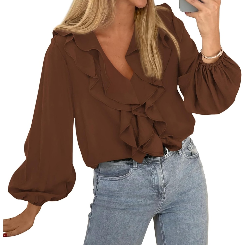 image:imageBTFBM Womens Fall Tops Ruffle Blouses Dressy Casual Double Ruffled Collar V Neck Long Sleeve Shirts Lightweight Fashion Clothing 2026 Trendy Daily Business Office Work ClothesBrown