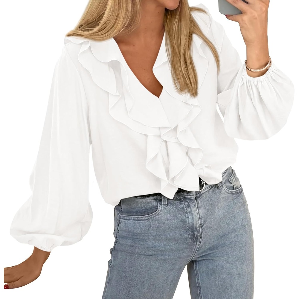 image:imageBTFBM Womens Fall Tops Ruffle Blouses Dressy Casual Double Ruffled Collar V Neck Long Sleeve Shirts Lightweight Fashion Clothing 2026 Trendy Daily Business Office Work ClothesWhite