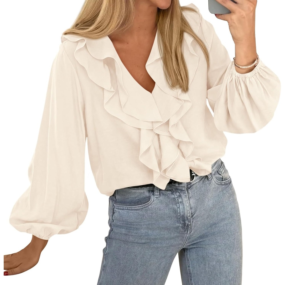 image:imageBTFBM Womens Fall Tops Ruffle Blouses Dressy Casual  Double Ruffled Collar V Neck Long Sleeve Shirts Lightweight Fashion Clothing 2026 Trendy Daily Business Office Work ClothesApricot