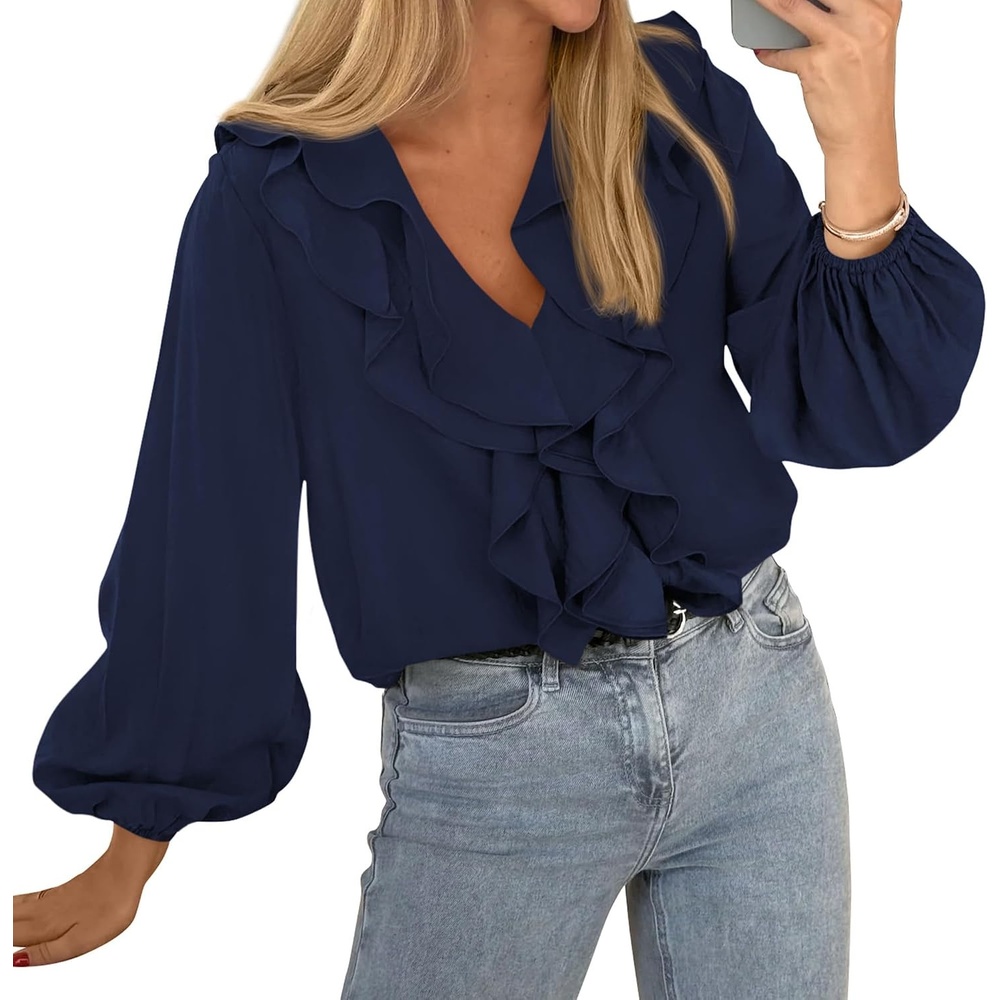 image:imageBTFBM Womens Fall Tops Ruffle Blouses Dressy Casual Double Ruffled Collar V Neck Long Sleeve Shirts Lightweight Fashion Clothing 2026 Trendy Daily Business Office Work ClothesNavy