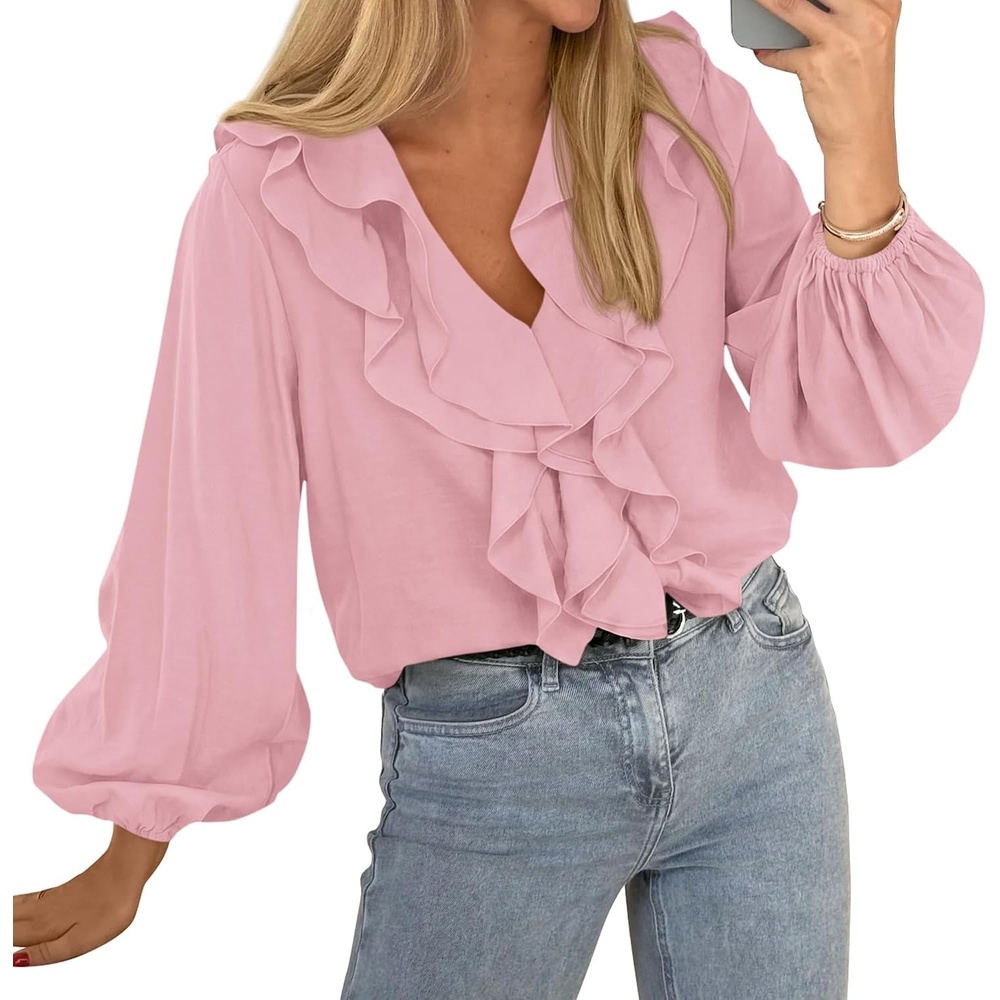 image:imageBTFBM Womens Fall Tops Ruffle Blouses Dressy Casual Double Ruffled Collar V Neck Long Sleeve Shirts Lightweight Fashion Clothing 2026 Trendy Daily Business Office Work ClothesPink