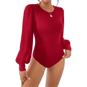 BTFBM Long Puff Sleeve Bodysuits for Women 2026 | Crew Neck 2 Snap Crotch Thong Shapewear,Stretchy Knit High Cut Leotards,Casual Y2K Going Out Tops,Winter Layer,Fall Fashion(Red)