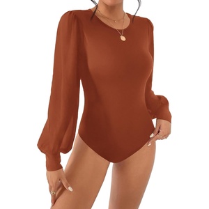 BTFBM Long Puff Sleeve Bodysuits for Women 2026 | Crew Neck 2 Snap Crotch Thong Shapewear,Stretchy Knit High Cut Leotards,Casual Y2K Going Out Tops,Winter Layer,Fall Fashion(Red Brown)