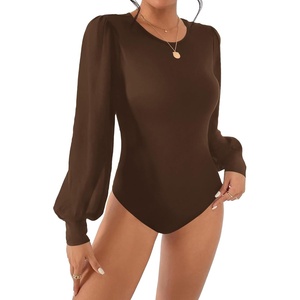 BTFBM Long Puff Sleeve Bodysuits for Women 2026 | Crew Neck 2 Snap Crotch Thong Shapewear,Stretchy Knit High Cut Leotards,Casual Y2K Going Out Tops,Winter Layer,Fall Fashion(Brown)