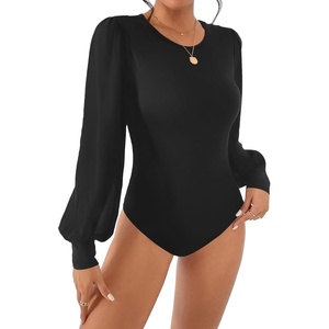 BTFBM Long Puff Sleeve Bodysuits for Women 2026 | Crew Neck 2 Snap Crotch Thong Shapewear,Stretchy Knit High Cut Leotards,Casual Y2K Going Out Tops,Winter Layer,Fall Fashion(Black)