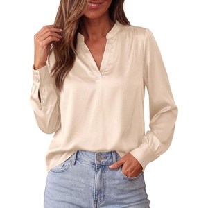 BTFBM Satin Blouses for Women Dressy Casual | Lightweight,V Neck,Long Sleeve Tops,Going Out Outfits,Fall Fashion Clothing(Beige)