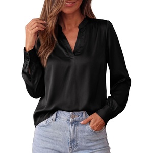 BTFBM Satin Blouses for Women Dressy Casual | Lightweight,V Neck,Long Sleeve Tops,Going Out Outfits,Fall Fashion Clothing(Black)