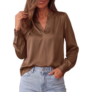 BTFBM Satin Blouses for Women Dressy Casual | Lightweight,V Neck,Long Sleeve Tops,Going Out Outfits,Fall Fashion Clothing(Brown)
