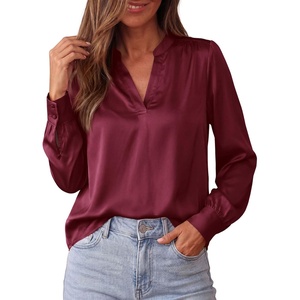BTFBM Satin Blouses for Women Dressy Casual | Lightweight,V Neck,Long Sleeve Tops,Going Out Outfits,Fall Fashion Clothing(Burgundy)