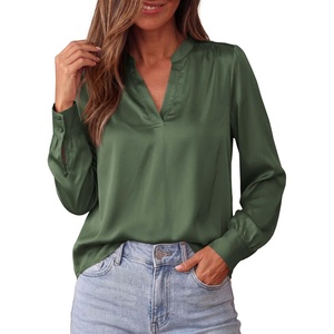 BTFBM Satin Blouses for Women Dressy Casual | Lightweight,V Neck,Long Sleeve Tops,Going Out Outfits,Fall Fashion Clothing(Dark Green)