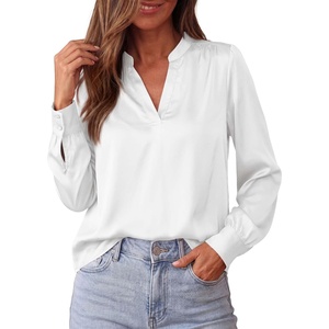 BTFBM Satin Blouses for Women Dressy Casual | Lightweight,V Neck,Long Sleeve Tops,Going Out Outfits,Fall Fashion Clothing(White)
