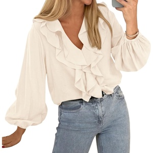 BTFBM Womens Fall Tops Ruffle Blouses Dressy Casual | Double Ruffled Collar V Neck Long Sleeve Shirts, Lightweight Fashion Clothing 2026 Trendy, Daily Business Office Work Clothes(Apricot)