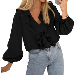 BTFBM Womens Fall Tops Ruffle Blouses Dressy Casual | Double Ruffled Collar V Neck Long Sleeve Shirts, Lightweight Fashion Clothing 2026 Trendy, Daily Business Office Work Clothes(Black)
