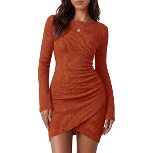 BTFBM Womens Long Sleeve Bodycon Mini Dress | Lightweight,Ruched,Ribbed,Homecoming Cocktail Dresses,Fall Winter Clothing 2026(Brick Red)