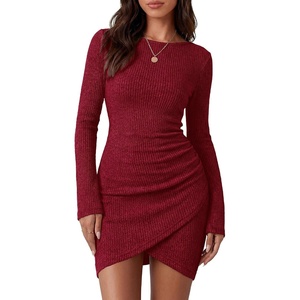 BTFBM Womens Long Sleeve Bodycon Mini Dress | Lightweight,Ruched,Ribbed,Homecoming Cocktail Dresses,Fall Winter Clothing 2026(Red)