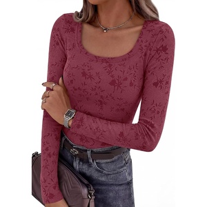 BTFBM Women’s Long Sleeve Scoop Neck Shirts Floral Tops | Casual Women Fall Clothes, Ribbed Slim Fitted T-Shirts, y2k Fashion Clothing, Concert Going Out Top, Club Date Night Outfits(Burgundy)