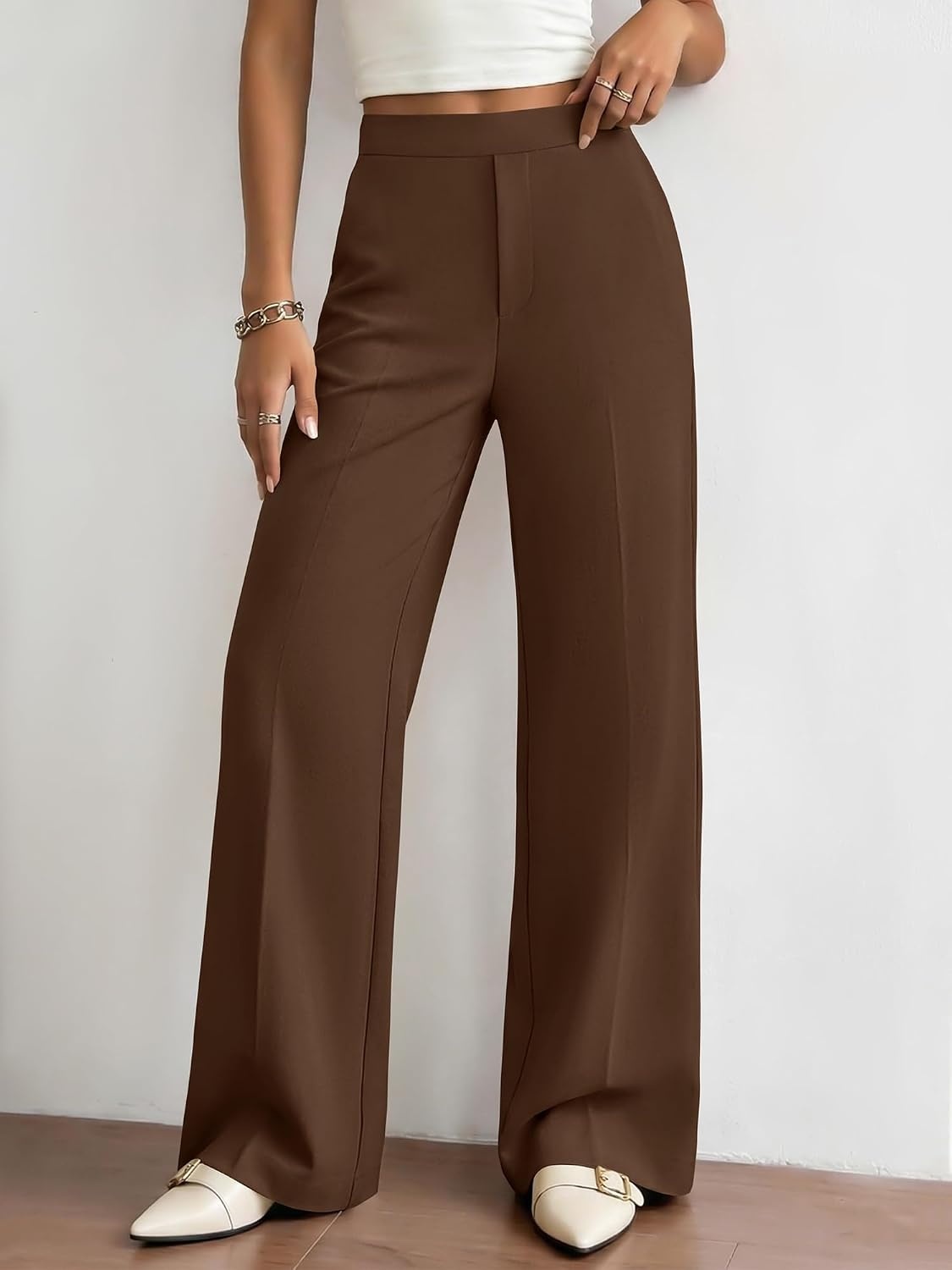 image:imageBTFBM Womens Dress Pants Wide Leg Trousers Pockets High Waisted Long Business Casual SlacksFall FashionBrown