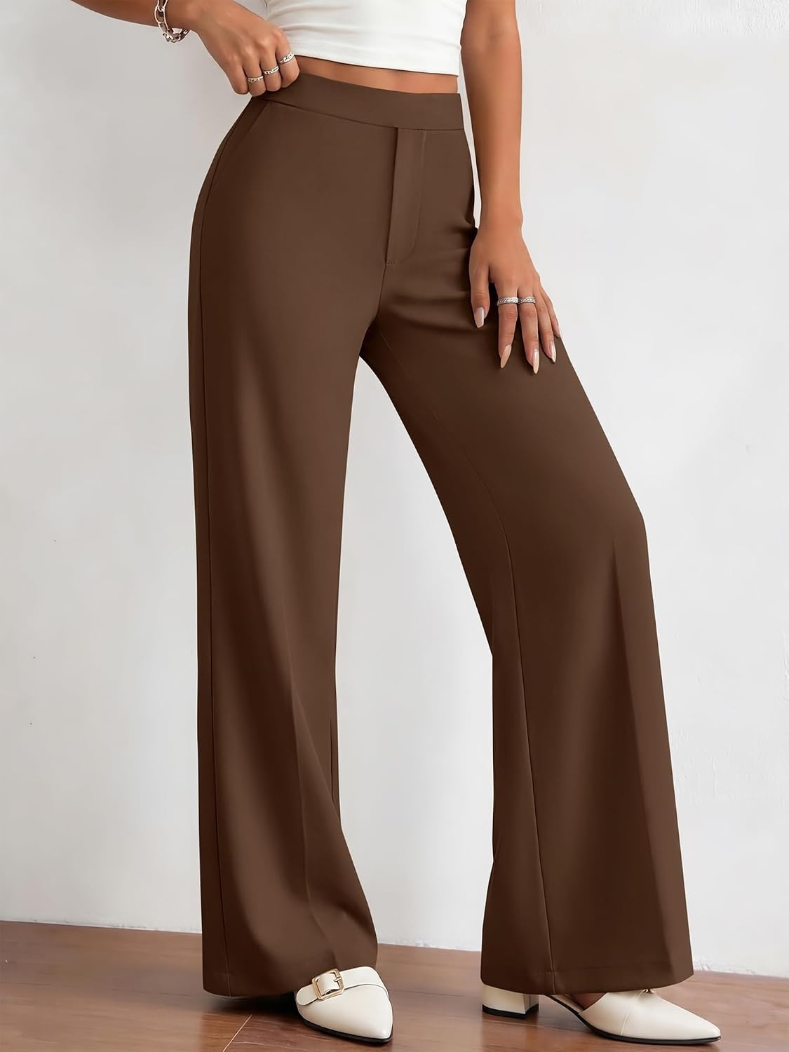 image:imageBTFBM Womens Dress Pants Wide Leg Trousers Pockets High Waisted Long Business Casual SlacksFall FashionBrown