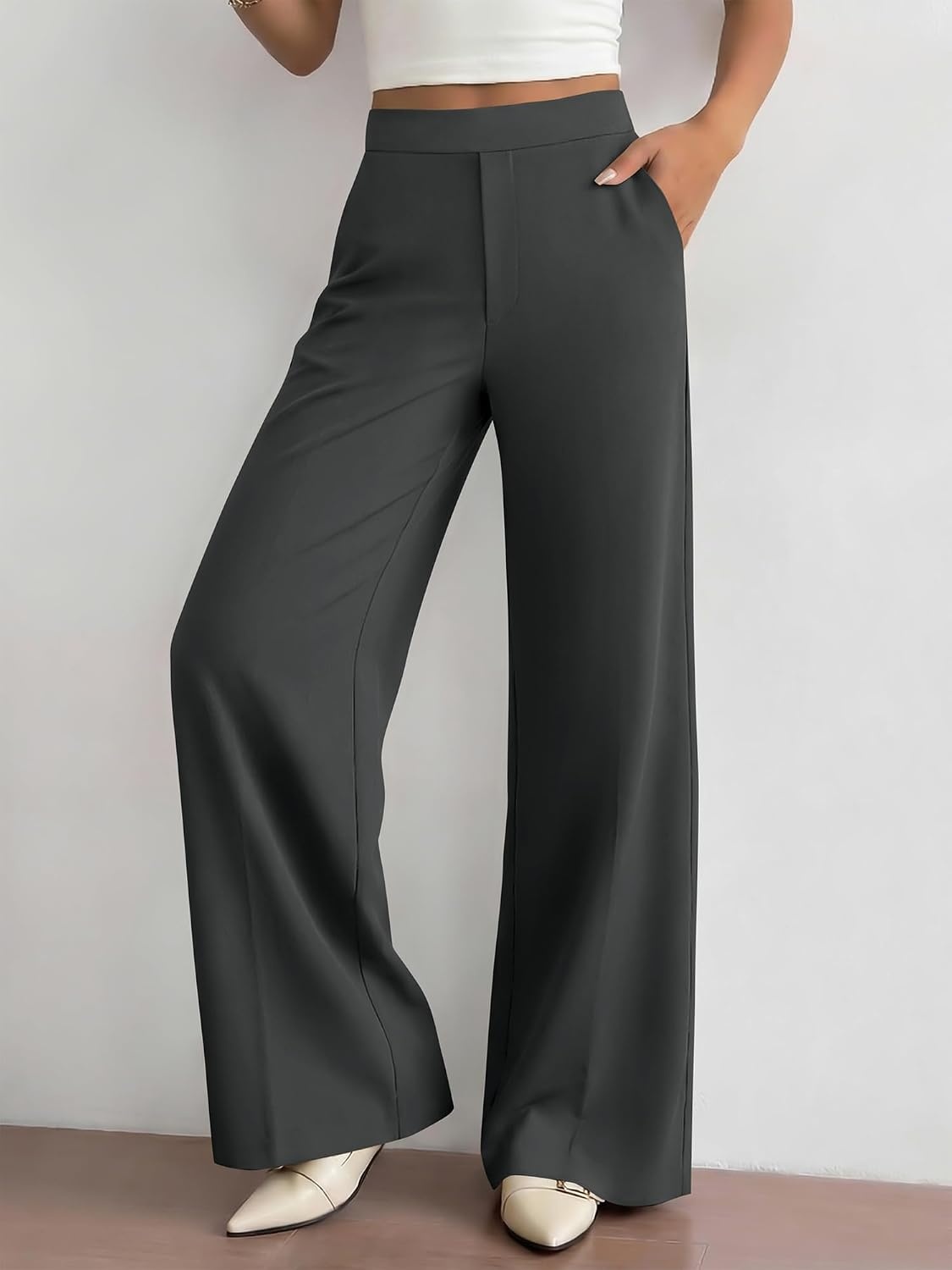 image:imageBTFBM Womens Dress Pants Wide Leg Trousers Pockets High Waisted Long Business Casual SlacksFall FashionDark Grey