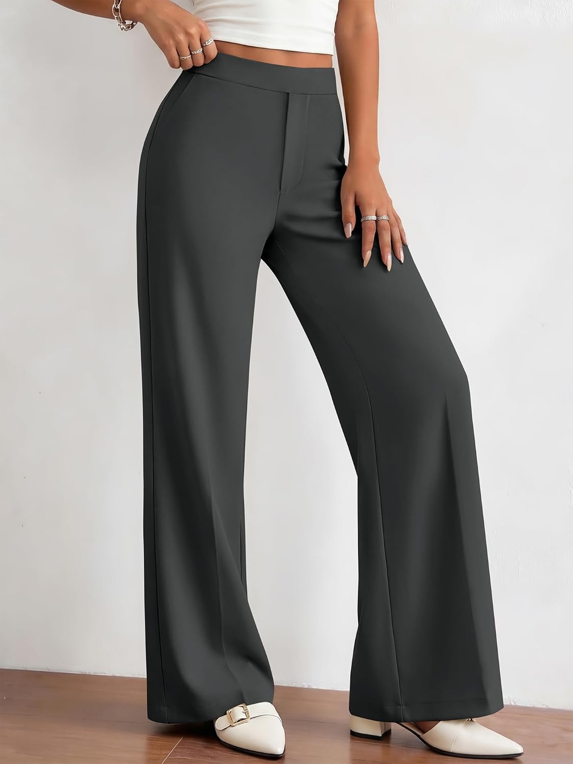 image:imageBTFBM Womens Dress Pants Wide Leg Trousers Pockets High Waisted Long Business Casual SlacksFall FashionDark Grey