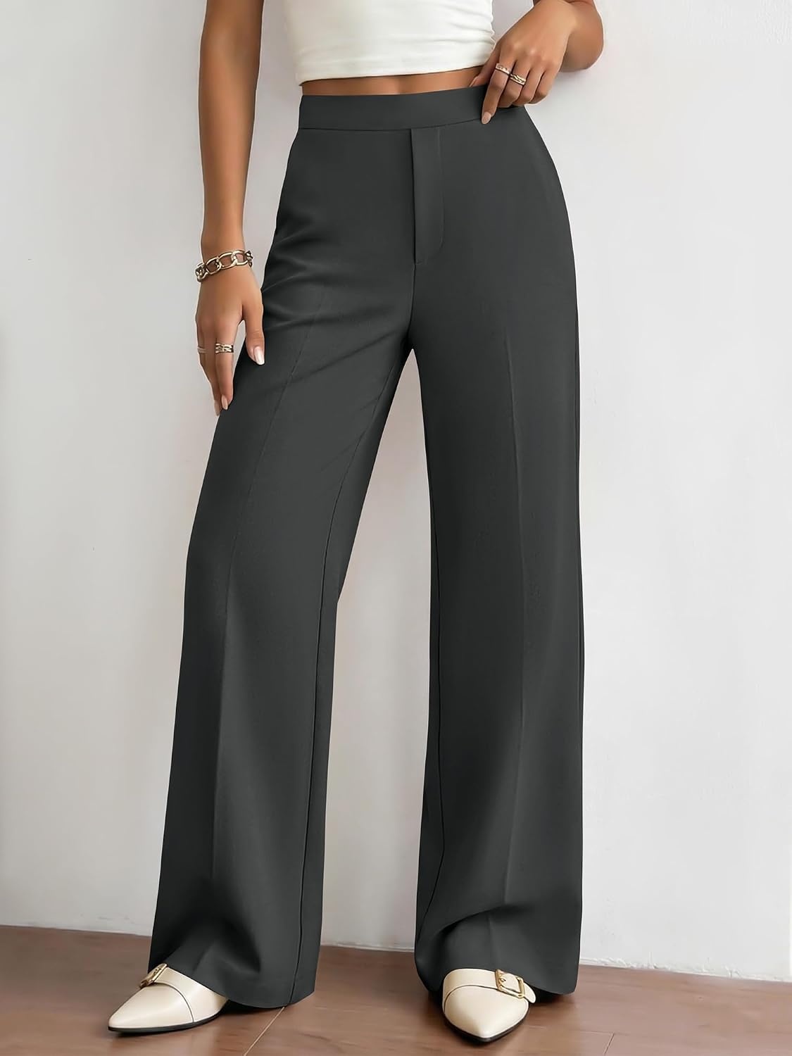 image:imageBTFBM Womens Dress Pants Wide Leg Trousers Pockets High Waisted Long Business Casual SlacksFall FashionDark Grey