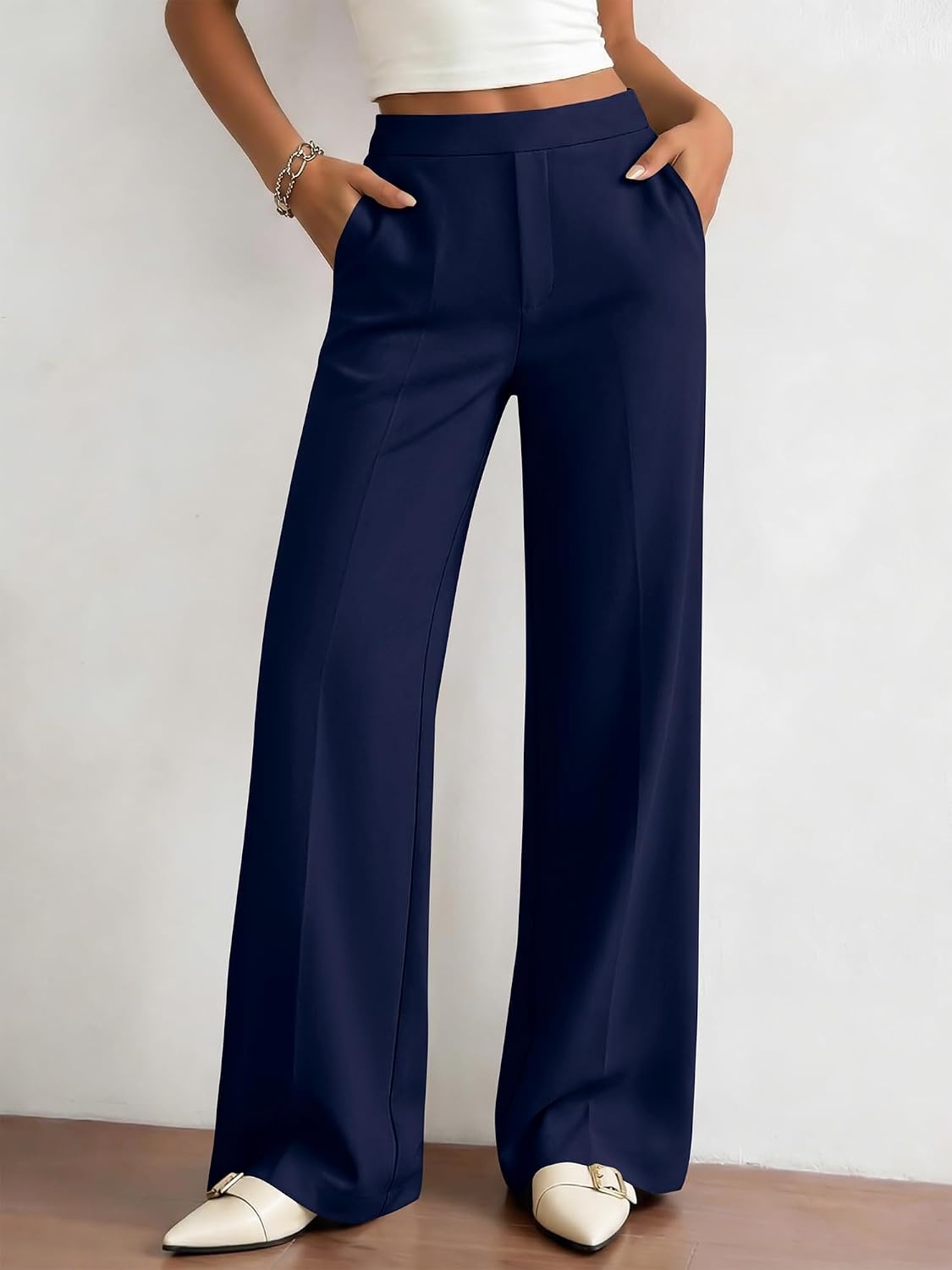 image:imageBTFBM Womens Dress Pants Wide Leg Trousers Pockets High Waisted Long Business Casual SlacksFall FashionNavy Blue