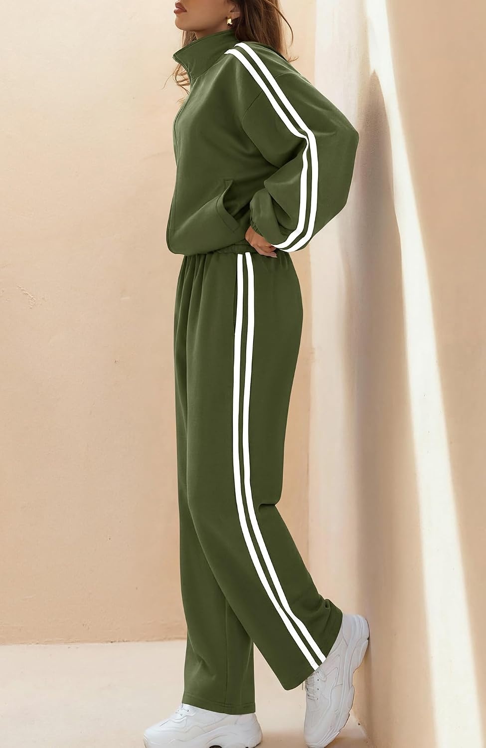 image:imageBTFBM Workout Sets For Women Long Sleeve Zip Up Sweatshirt Wide Pants Matching Lounge Set Fall 2 Piece Outfits AirportArmy Green
