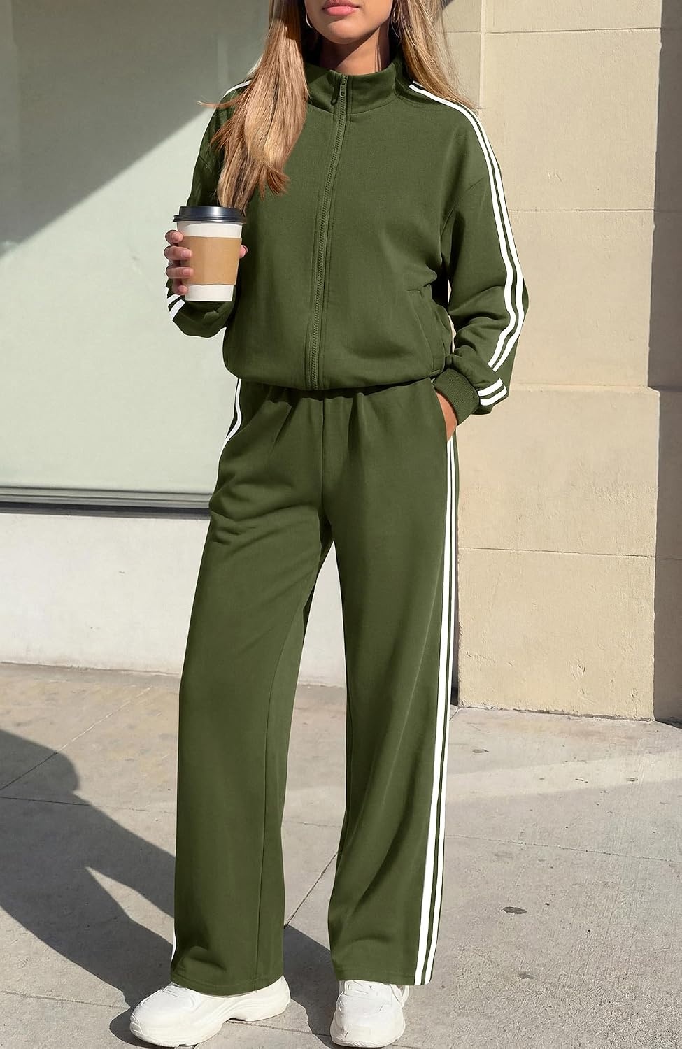 image:imageBTFBM Workout Sets For Women Long Sleeve Zip Up Sweatshirt Wide Pants Matching Lounge Set Fall 2 Piece Outfits AirportArmy Green