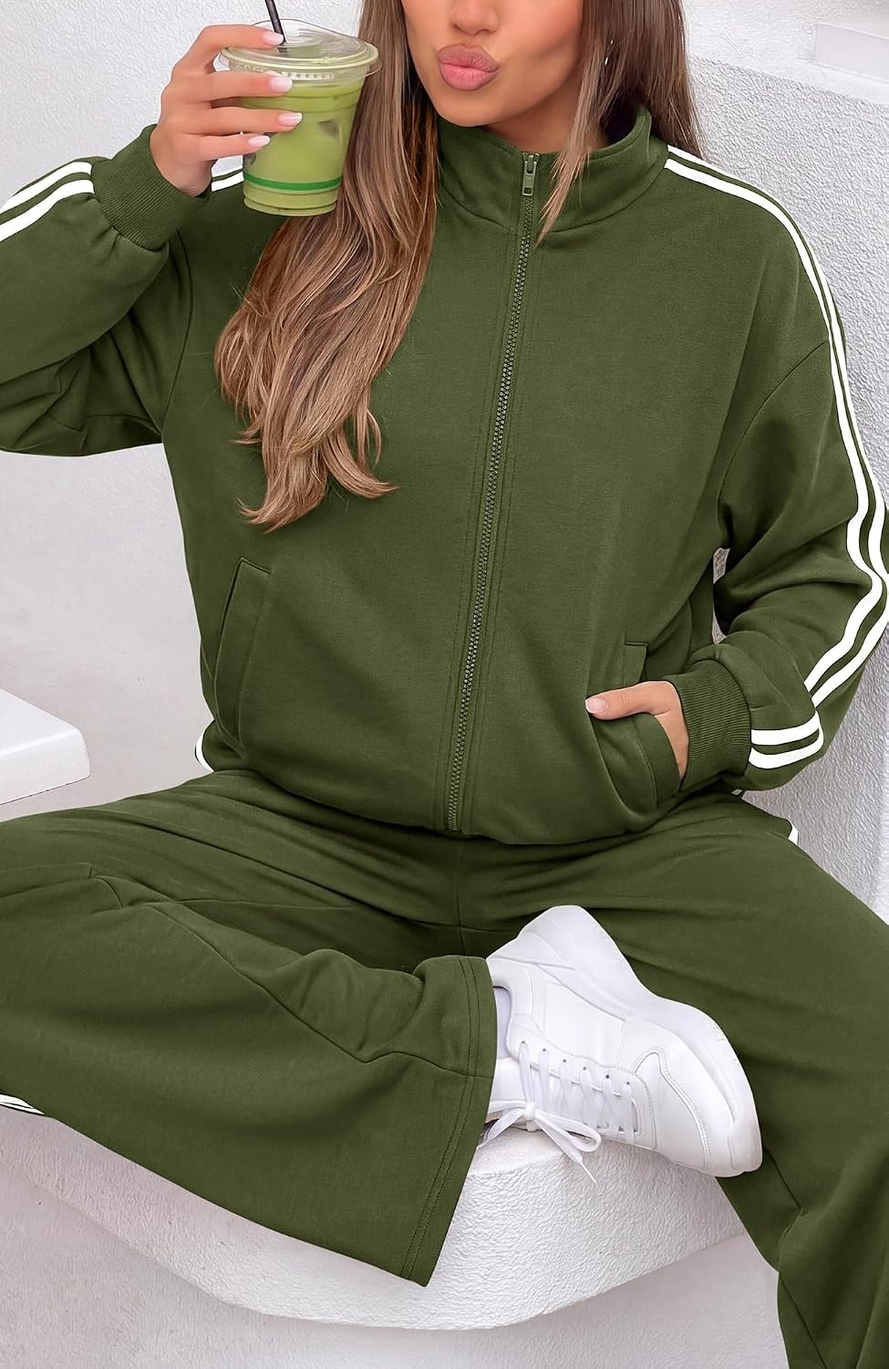 image:imageBTFBM Workout Sets For Women Long Sleeve Zip Up Sweatshirt Wide Pants Matching Lounge Set Fall 2 Piece Outfits AirportArmy Green