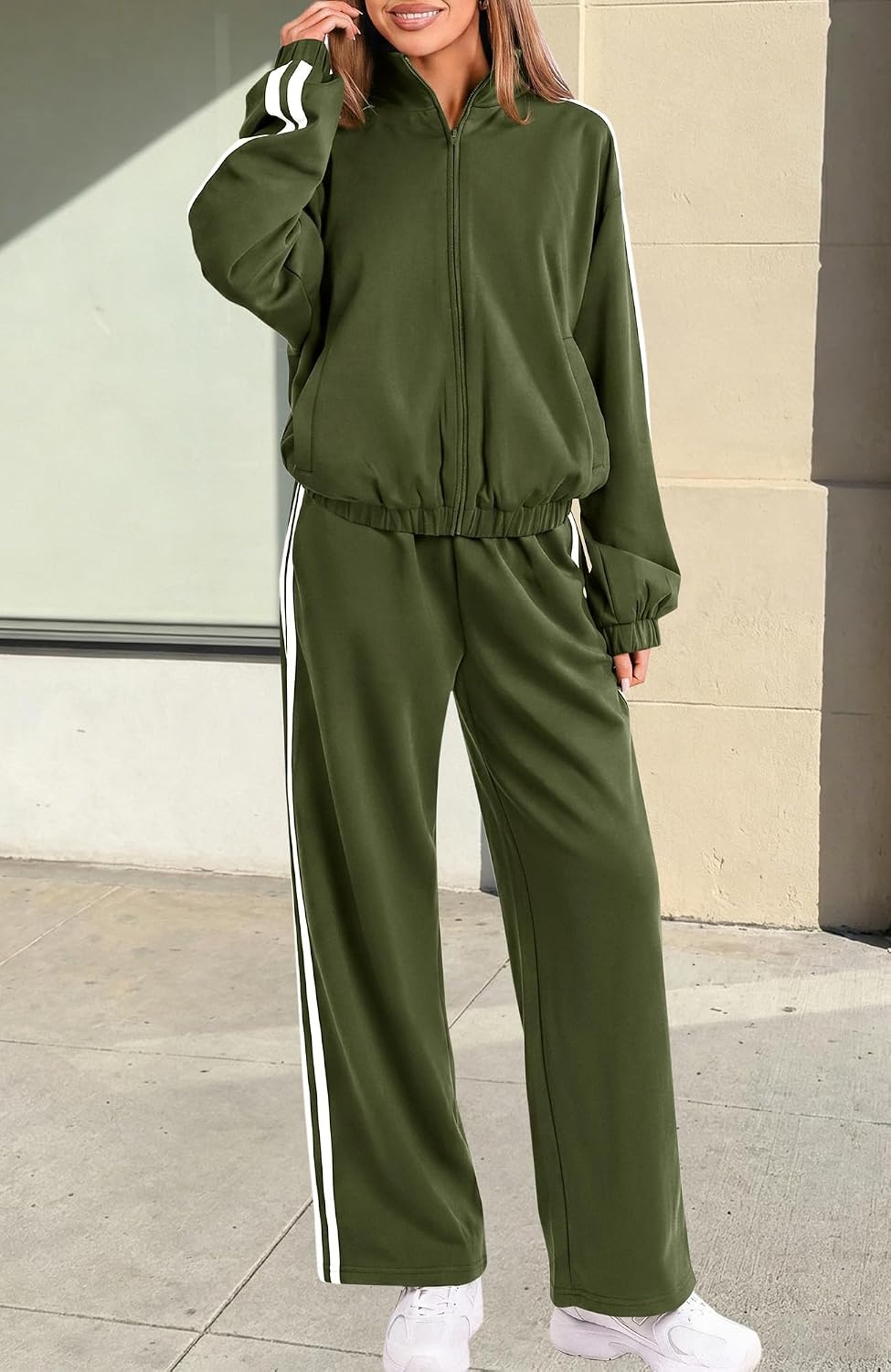image:imageBTFBM Workout Sets For Women Long Sleeve Zip Up Sweatshirt Wide Pants Matching Lounge Set Fall 2 Piece Outfits AirportArmy Green