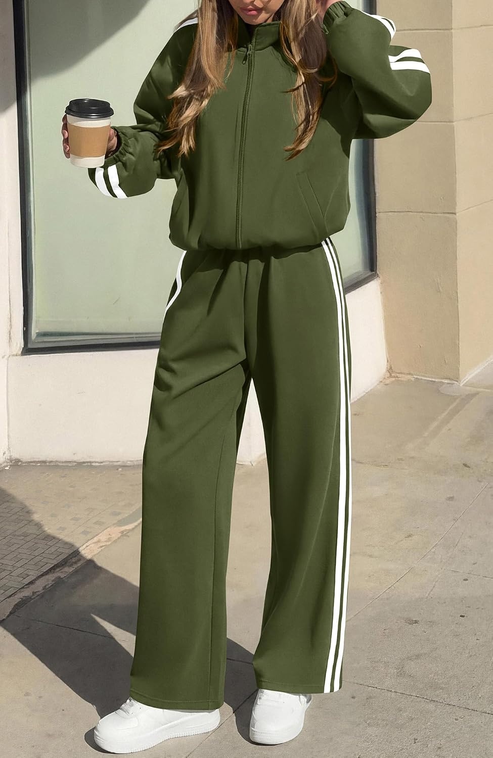 image:imageBTFBM Workout Sets For Women Long Sleeve Zip Up Sweatshirt Wide Pants Matching Lounge Set Fall 2 Piece Outfits AirportArmy Green