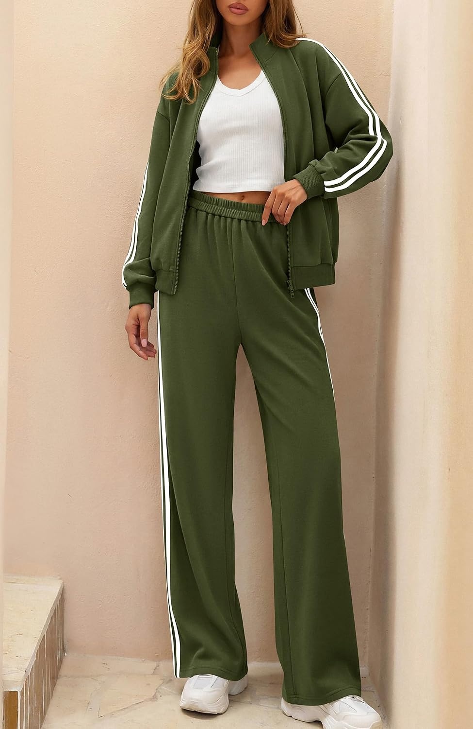 image:imageBTFBM Workout Sets For Women Long Sleeve Zip Up Sweatshirt Wide Pants Matching Lounge Set Fall 2 Piece Outfits AirportArmy Green