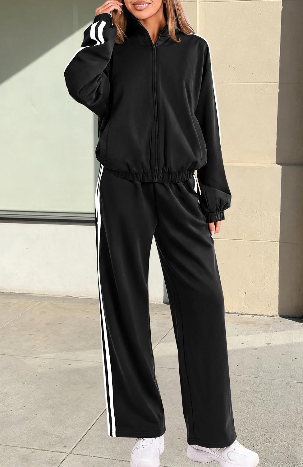 image:imageBTFBM Workout Sets For Women Long Sleeve Zip Up Sweatshirt Wide Pants Matching Lounge Set Fall 2 Piece Outfits AirportBlack
