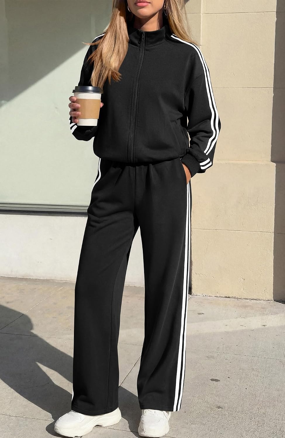 image:imageBTFBM Workout Sets For Women Long Sleeve Zip Up Sweatshirt Wide Pants Matching Lounge Set Fall 2 Piece Outfits AirportBlack