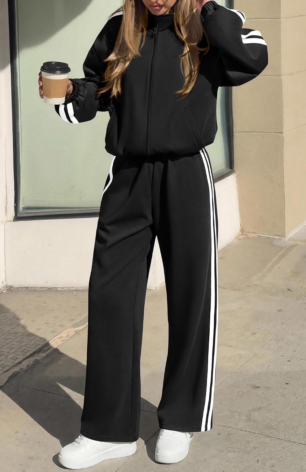 image:imageBTFBM Workout Sets For Women Long Sleeve Zip Up Sweatshirt Wide Pants Matching Lounge Set Fall 2 Piece Outfits AirportBlack