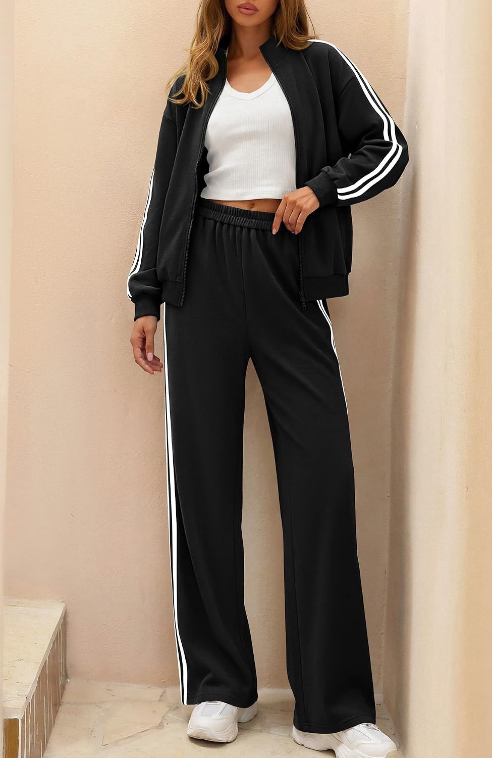 image:imageBTFBM Workout Sets For Women Long Sleeve Zip Up Sweatshirt Wide Pants Matching Lounge Set Fall 2 Piece Outfits AirportBlack
