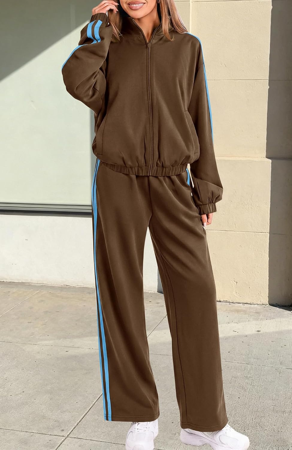 image:imageBTFBM Workout Sets For Women Long Sleeve Zip Up Sweatshirt Wide Pants Matching Lounge Set Fall 2 Piece Outfits AirportBrown