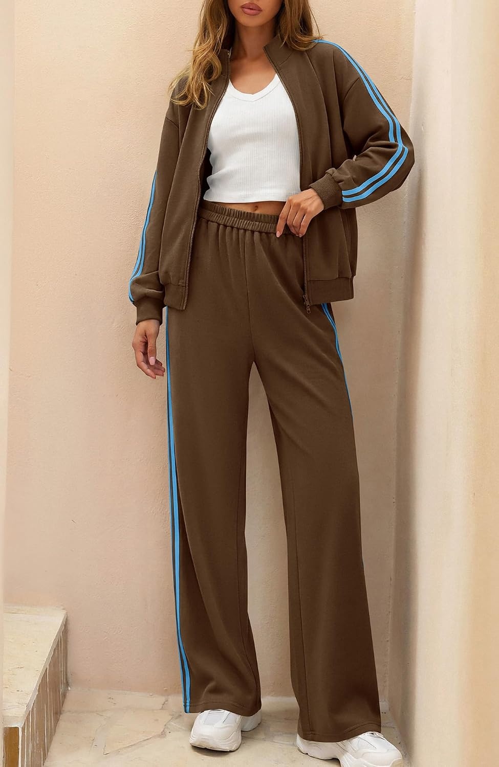 image:imageBTFBM Workout Sets For Women Long Sleeve Zip Up Sweatshirt Wide Pants Matching Lounge Set Fall 2 Piece Outfits AirportBrown