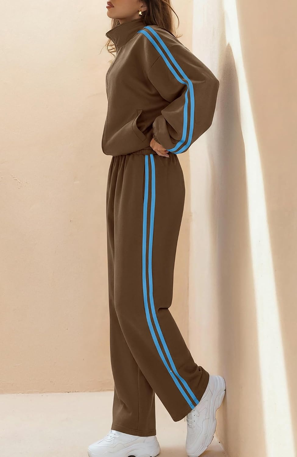 image:imageBTFBM Workout Sets For Women Long Sleeve Zip Up Sweatshirt Wide Pants Matching Lounge Set Fall 2 Piece Outfits AirportBrown