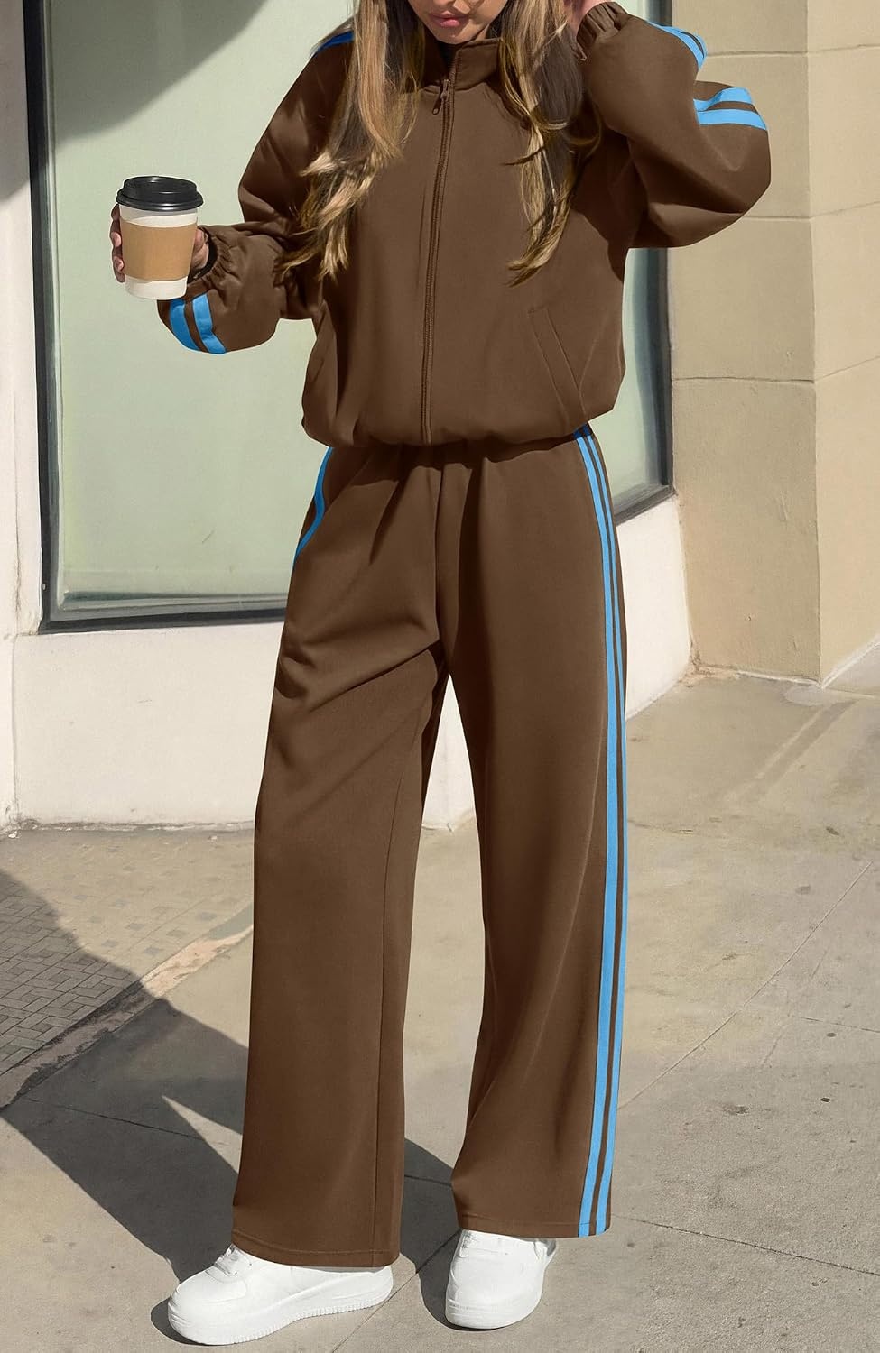 image:imageBTFBM Workout Sets For Women Long Sleeve Zip Up Sweatshirt Wide Pants Matching Lounge Set Fall 2 Piece Outfits AirportBrown