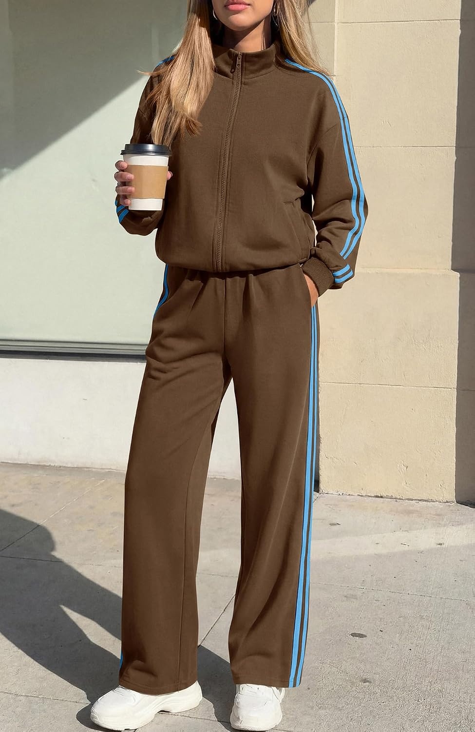 image:imageBTFBM Workout Sets For Women Long Sleeve Zip Up Sweatshirt Wide Pants Matching Lounge Set Fall 2 Piece Outfits AirportBrown