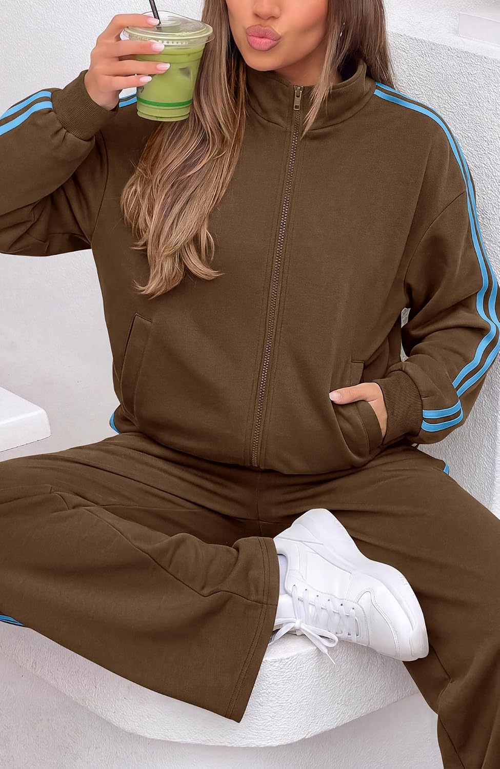 image:imageBTFBM Workout Sets For Women Long Sleeve Zip Up Sweatshirt Wide Pants Matching Lounge Set Fall 2 Piece Outfits AirportBrown