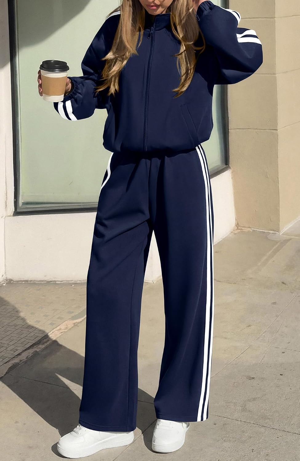 image:imageBTFBM Workout Sets For Women Long Sleeve Zip Up Sweatshirt Wide Pants Matching Lounge Set Fall 2 Piece Outfits AirportNavy