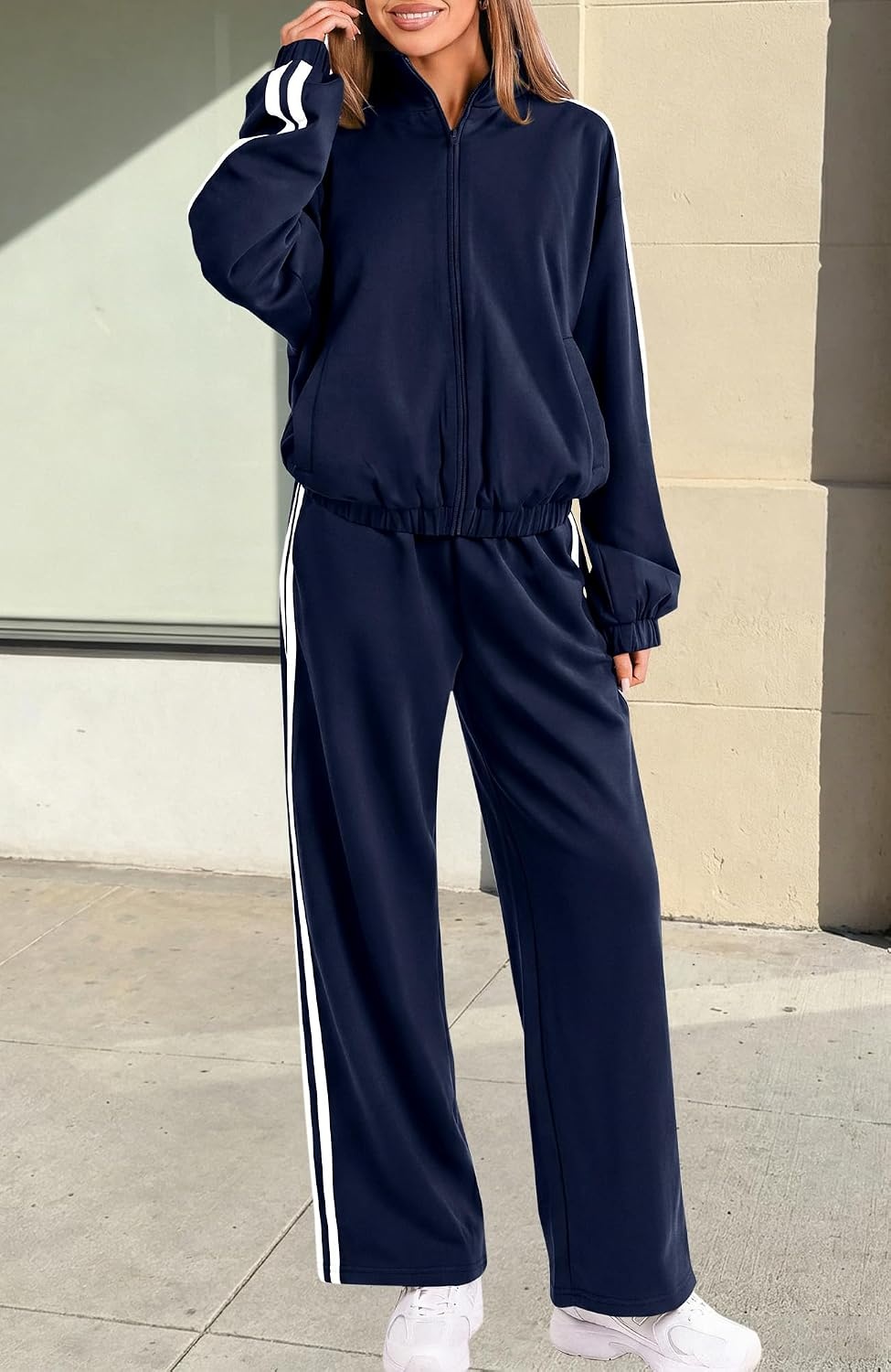 image:imageBTFBM Workout Sets For Women Long Sleeve Zip Up Sweatshirt Wide Pants Matching Lounge Set Fall 2 Piece Outfits AirportNavy