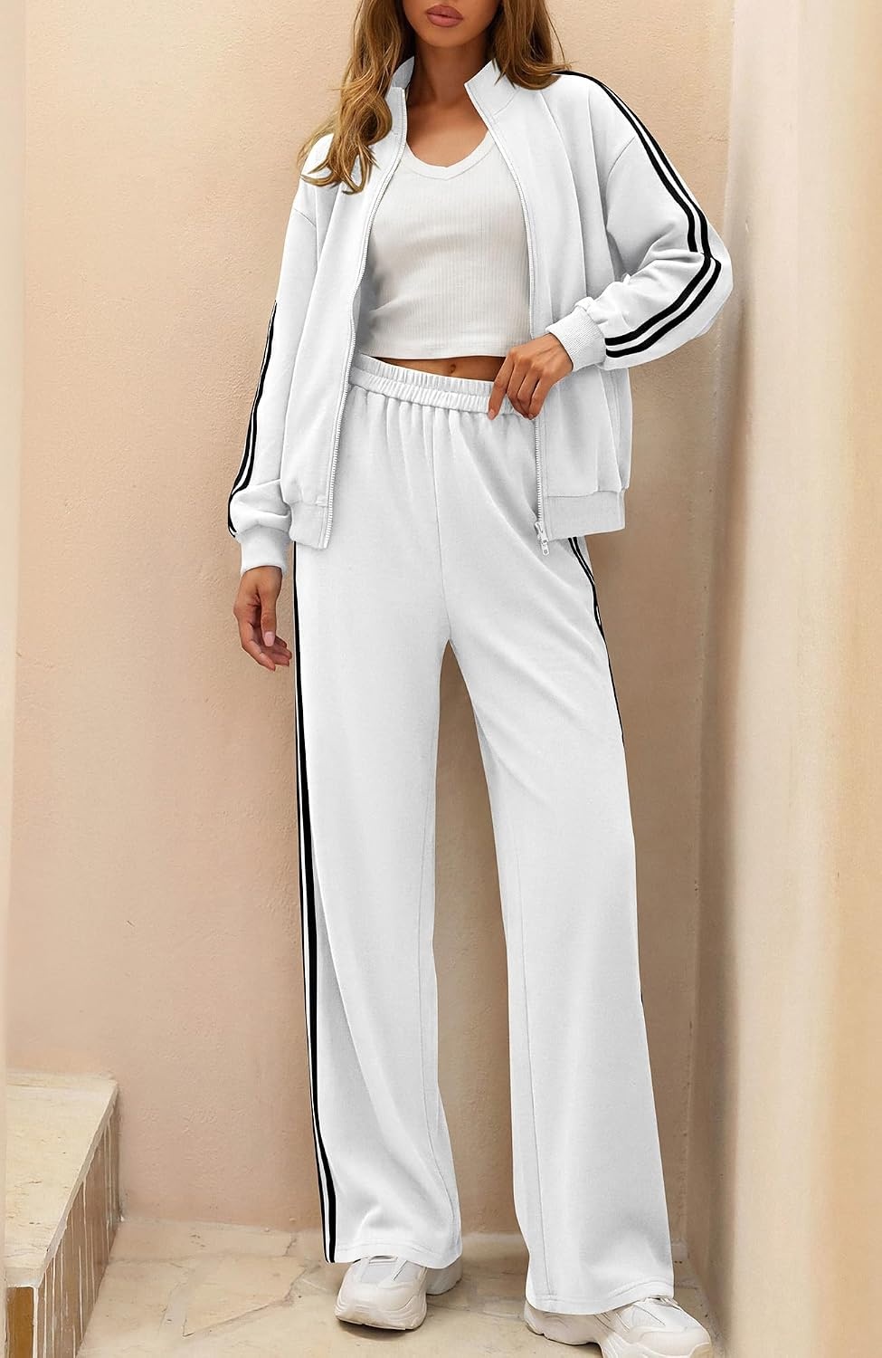 image:imageBTFBM Workout Sets For Women Long Sleeve Zip Up Sweatshirt Wide Pants Matching Lounge Set Fall 2 Piece Outfits AirportWhite