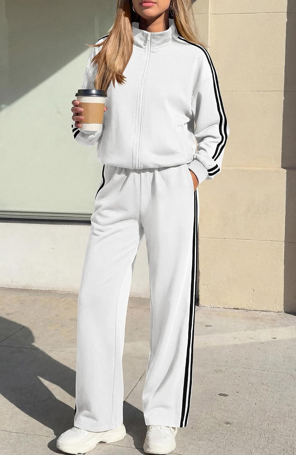image:imageBTFBM Workout Sets For Women Long Sleeve Zip Up Sweatshirt Wide Pants Matching Lounge Set Fall 2 Piece Outfits AirportWhite