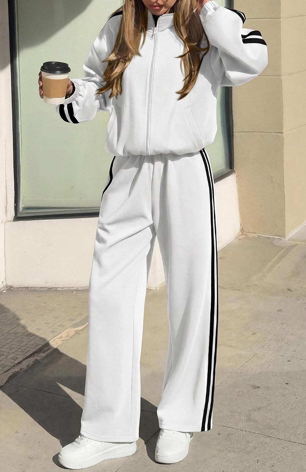image:imageBTFBM Workout Sets For Women Long Sleeve Zip Up Sweatshirt Wide Pants Matching Lounge Set Fall 2 Piece Outfits AirportWhite