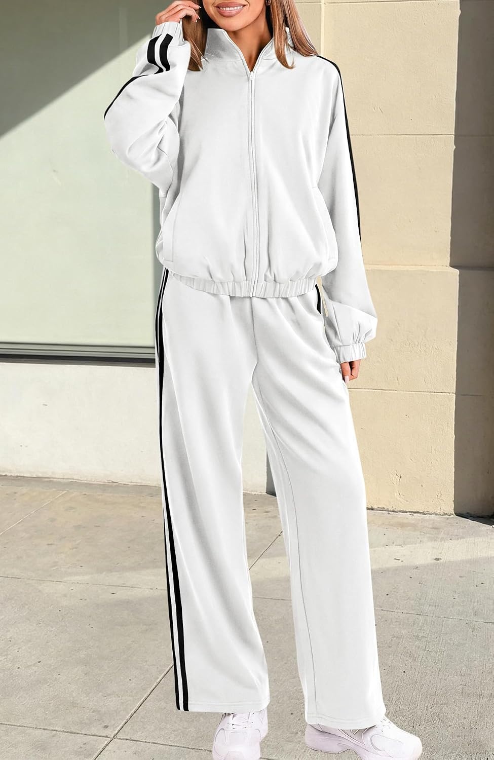 image:imageBTFBM Workout Sets For Women Long Sleeve Zip Up Sweatshirt Wide Pants Matching Lounge Set Fall 2 Piece Outfits AirportWhite